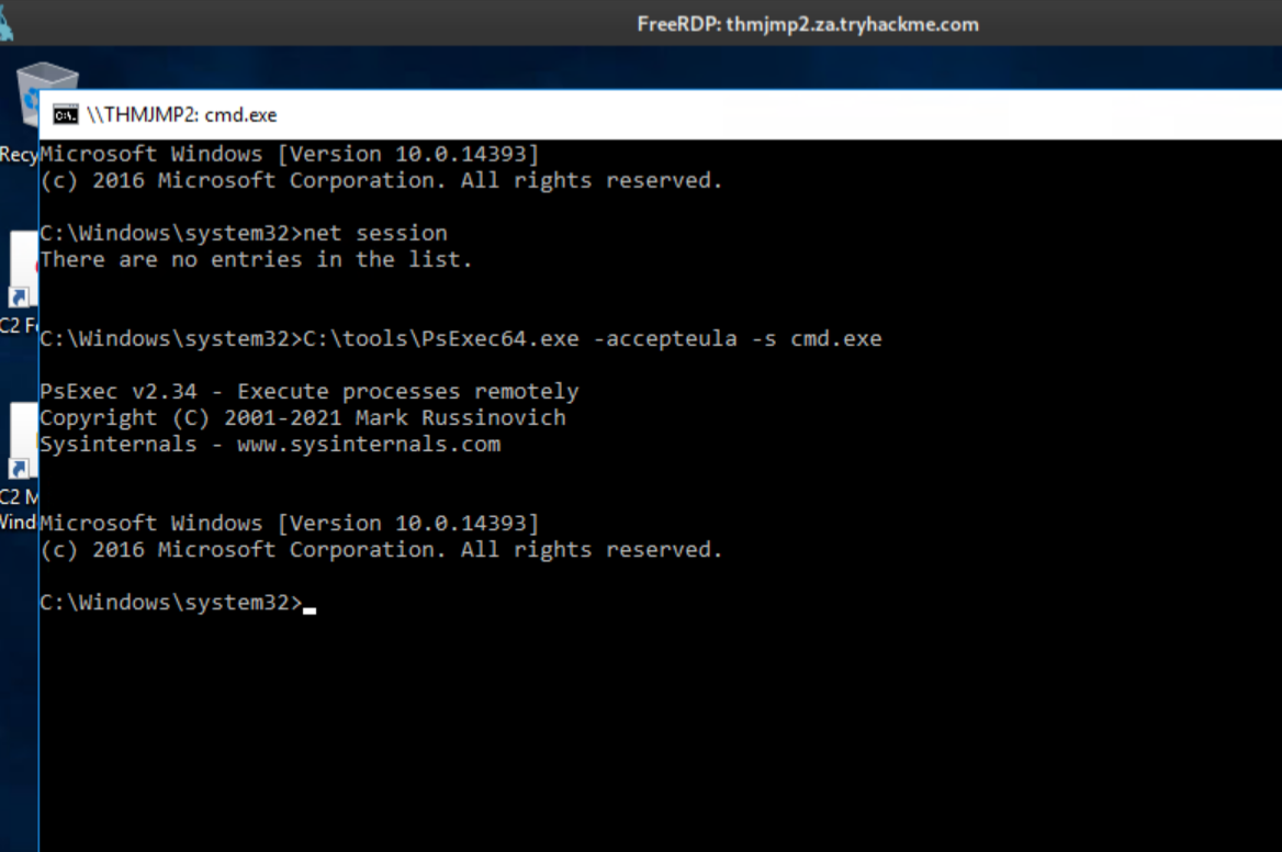 PsExec64 -s elevating to NT AUTHORITY\SYSTEM on THMJMP2